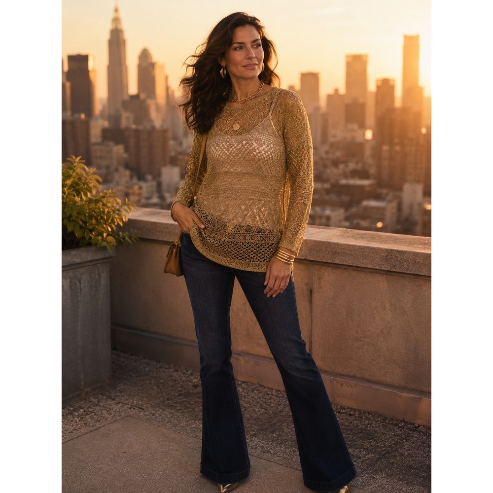 Lauren Ralph Lauren Gold Metallic Pointelle Knit Crochet Sweater Top Womens M